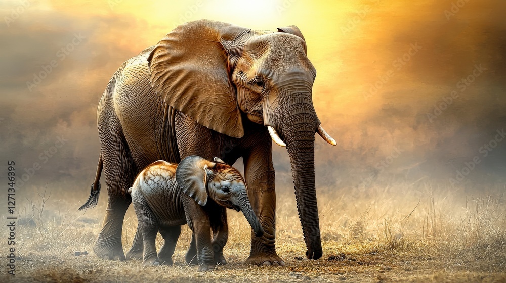 Fototapeta premium Majestic elephant and calf walking through golden savanna at sunset nature scene serene environment side view