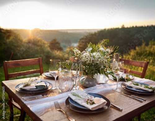 Rustic Outdoor Table Setting in a Scenic Mountain Landscape – Elegant Floral Arrangement with Vintage Decor and Sunset Glow
