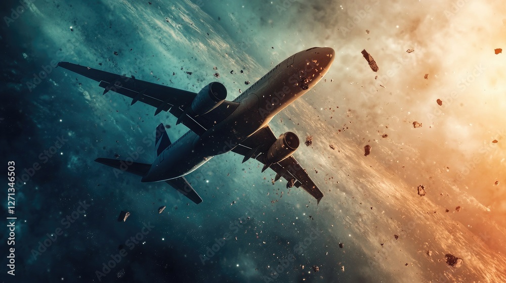 Naklejka premium Space debris descending near airplane, symbolizing growing aviation risks.