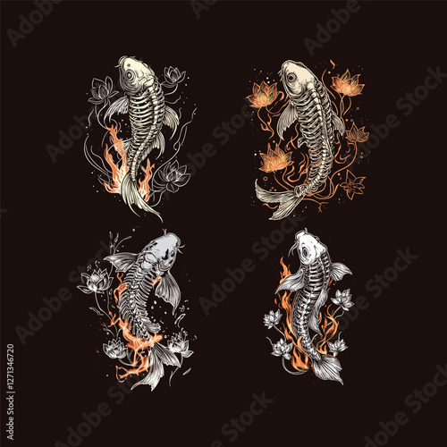 burnt koi fish bones design vector template logo illustration