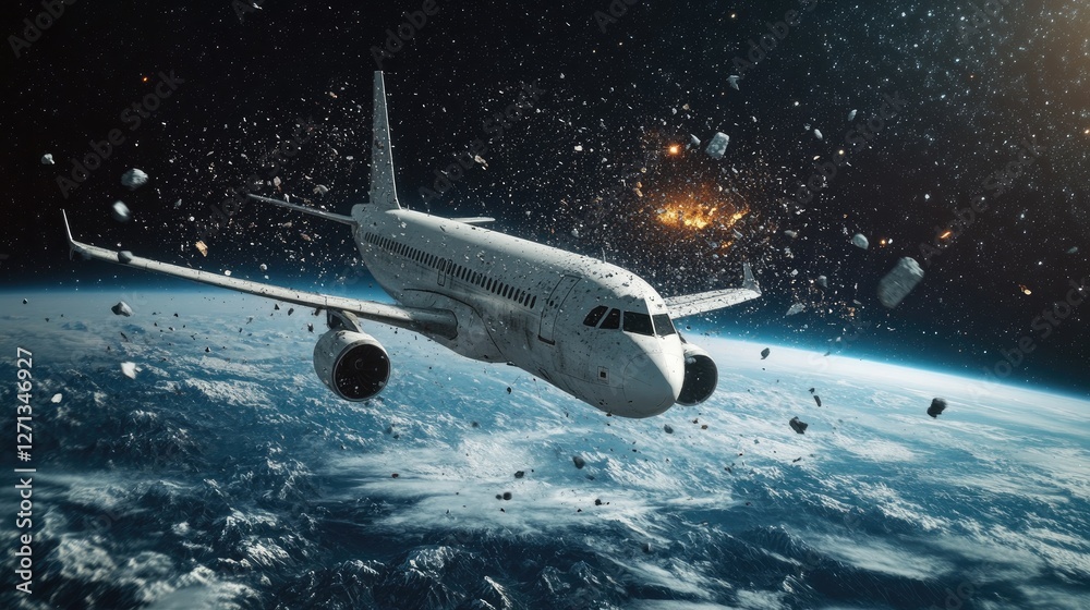 Fototapeta premium Space debris descending near airplane, symbolizing growing aviation risks.