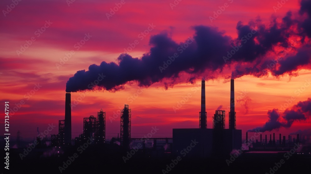 Dark smoke billows from factory chimneys against a vibrant sunset, illustrating industrialization's impact on the environment. Dark smoke billows from factory chimneys against a vibrant sunset, illustrating industrialization's impact on the environment.