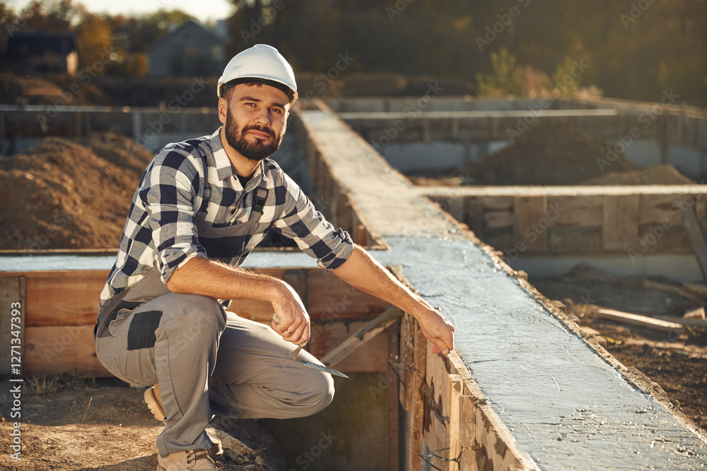 Sitting, working with foundation of the house. Man is on the construction site at daytime Sitting, working with foundation of the house. Man is on the construction site at daytime
