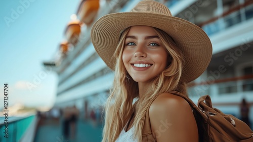 Girl in a straw hat against the background of a cruise liner. A woman in a hat and with a backpack is going on a trip.