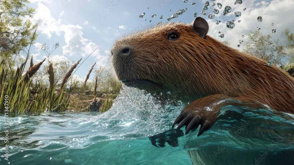 Fototapeta premium Capybara swimming underwater nature scene sea life
