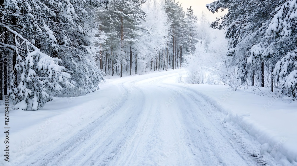 Winter scenery featuring a snowcovered road winding through a quiet forest landscape : Generative AI Winter scenery featuring a snowcovered road winding through a quiet forest landscape : Generative AI