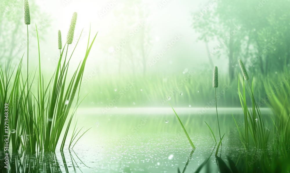 Obraz premium Serene misty landscape with tall grasses and tranquil water reflecting nature's calmness