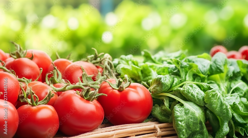 Fresh ripe red tomatoes and vibrant green spinach displayed in a rustic basket at a local market : Generative AI Fresh ripe red tomatoes and vibrant green spinach displayed in a rustic basket at a local market : Generative AI