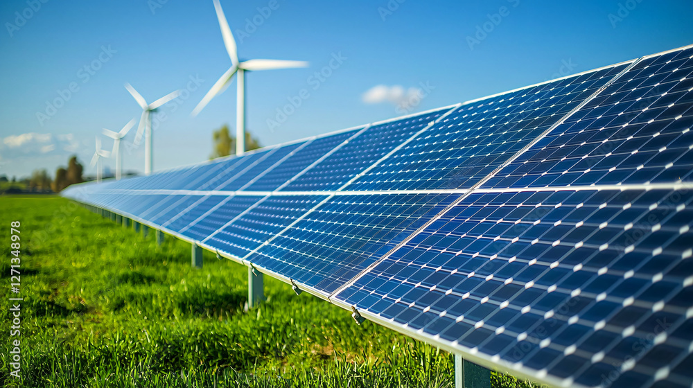 The integration of wind turbines and solar panels with a biogas plant, showcasing multiple renewable energy sources in one facility. The integration of wind turbines and solar panels with a biogas plant, showcasing multiple renewable energy sources in one facility.