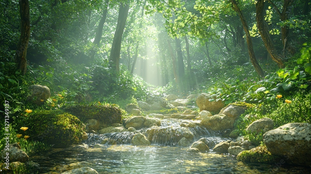 Obraz premium Sunlight streams through lush forest creek path