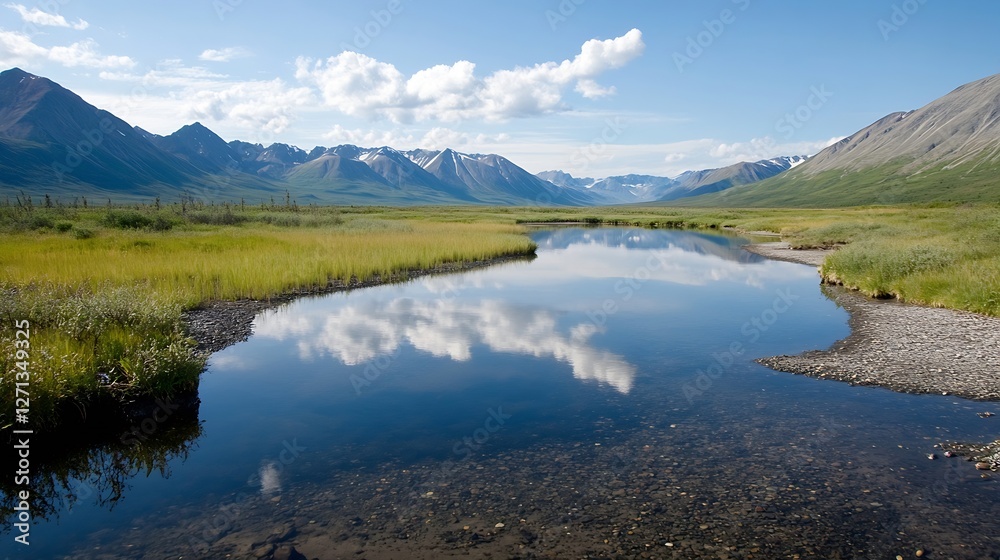 Serene Landscape with Reflective River Surrounded by Majestic Mountains in the Daylight : Generative AI Serene Landscape with Reflective River Surrounded by Majestic Mountains in the Daylight : Generative AI