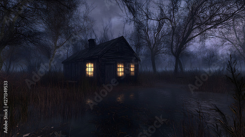 A forgotten shack in the middle of a dark swamp. The windows are broken, and strange lights flicker inside. A cold, eerie breeze stirs the branches of the surrounding trees.