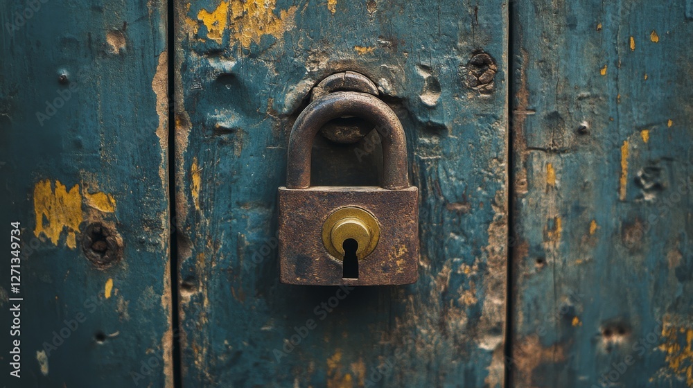A rusty padlock hangs on a weathered, peeling blue door, embodying mystery and the passage of time. A rusty padlock hangs on a weathered, peeling blue door, embodying mystery and the passage of time.