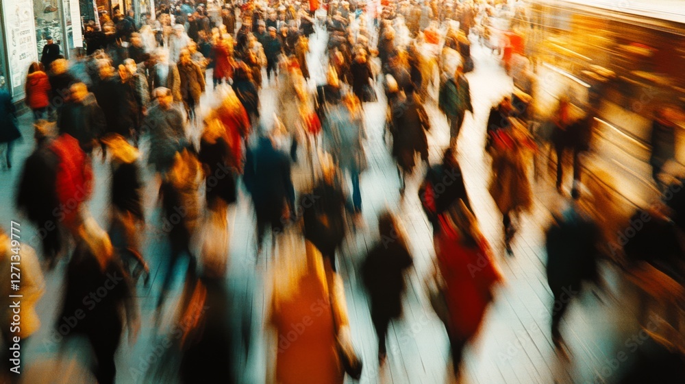 Obraz premium A bustling city street filled with blurred crowds, capturing the vibrant, energetic movement and pace of urban life, evoking a sense of anonymity.