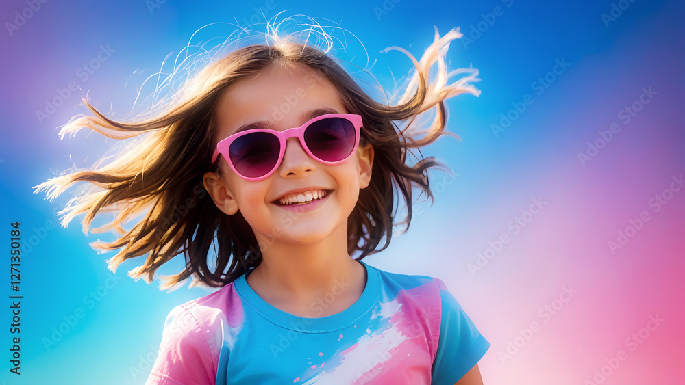 Young girl with sunglasses smiling at camera in abstract blue and pink background Young girl with sunglasses smiling at camera in abstract blue and pink background