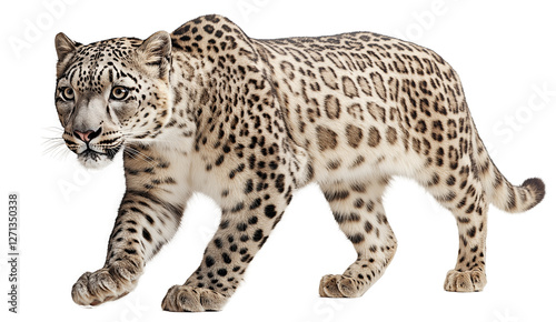 Two stunning snow leopards with thick, spotted fur are shown in different poses—one lounging with a relaxed expression and the other walking gracefully.