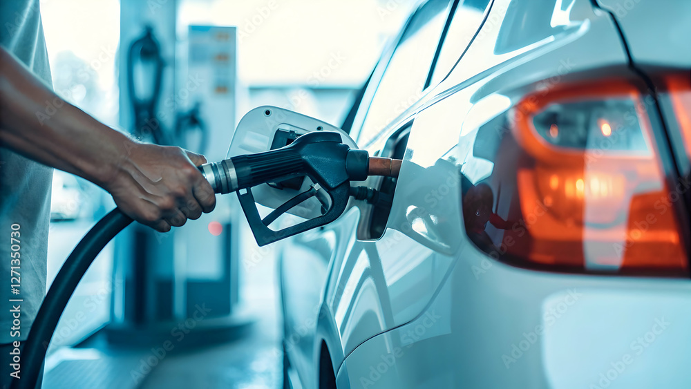 Man Handling Gasoline Fuel Nozzle to Refuel White Car at Petrol Station - Transportation and Ownership Concept with Empty Space for Stock Photo Use Man Handling Gasoline Fuel Nozzle to Refuel White Car at Petrol Station - Transportation and Ownership Concept with Empty Space for Stock Photo Use