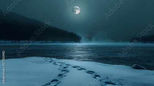 A frozen lake under a full moon, with strange footprints leading into the icy water. The silence is oppressive and chilling. photo