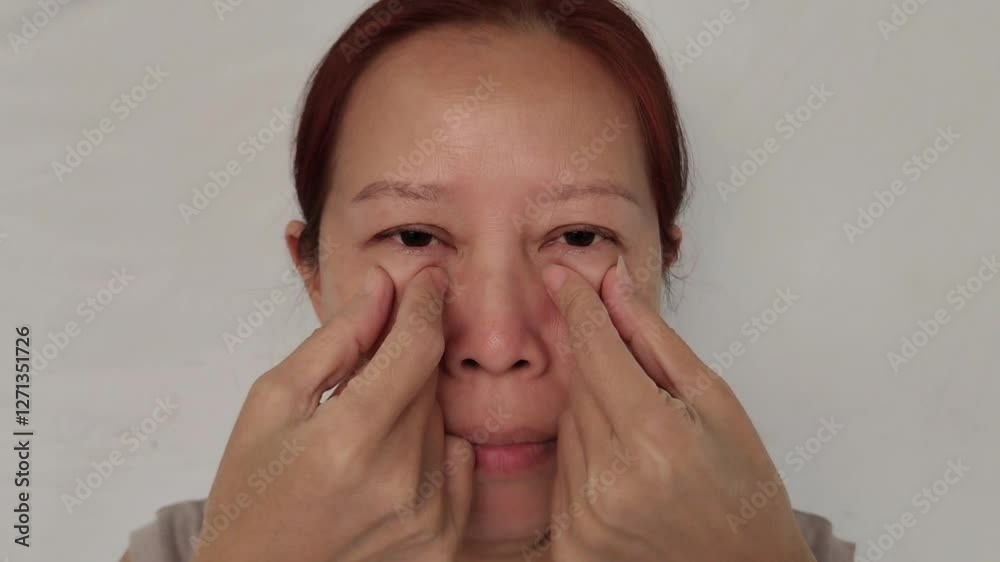 portrait the fingers holding the flabbiness adipose sagging skin, swelling and ptosis under the eyes, oedema and loose, forehead lines and scar of the woman, health care and beauty concept. portrait the fingers holding the flabbiness adipose sagging skin, swelling and ptosis under the eyes, oedema and loose, forehead lines and scar of the woman, health care and beauty concept.