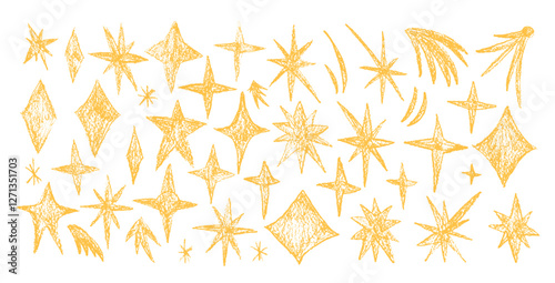 Crayon drawn sparkle stars set. Magic shine shapes and blings doodle pack. Comets and blinking on night sky. Vector handdrawn by pencil or pastel illustration isolated on white background.