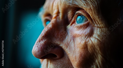 A close-up of an elderly face with striking blue eyes looking past the camera, suggesting depth and introspection. photo