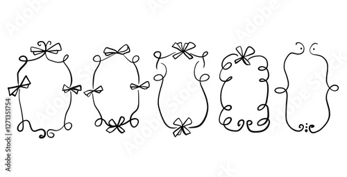 Doodle coquette frames with bows. Vintage scribble line wavy border with ribbons set. Vector cute curly rectangle and oval template for holiday menu. Minimalistic black cadre birthday hand drawn.