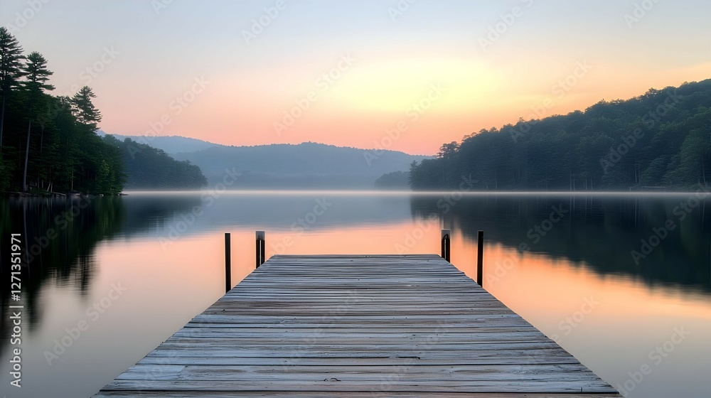 Obraz premium Serene Sunrise Over Calm Lake With Wooden Dock