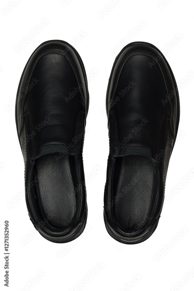 Pair of classic black leather slip-on shoes, ideal for formal or casual wear, viewed from above on a white background. Isolated on transparent background Pair of classic black leather slip-on shoes, ideal for formal or casual wear, viewed from above on a white background. Isolated on transparent background
