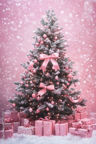 Pink christmas tree with snow, ornaments, and gifts in winter wonderland setting