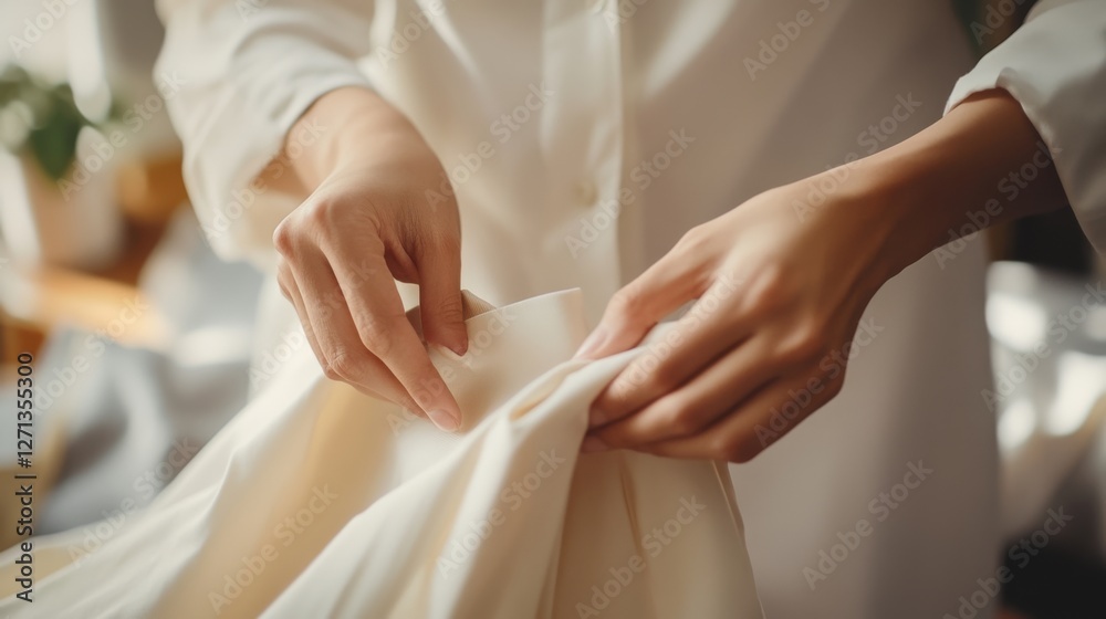 Gentle hands carefully fold a soft white fabric, capturing a quiet moment of craftsmanship and elegance. Gentle hands carefully fold a soft white fabric, capturing a quiet moment of craftsmanship and elegance.
