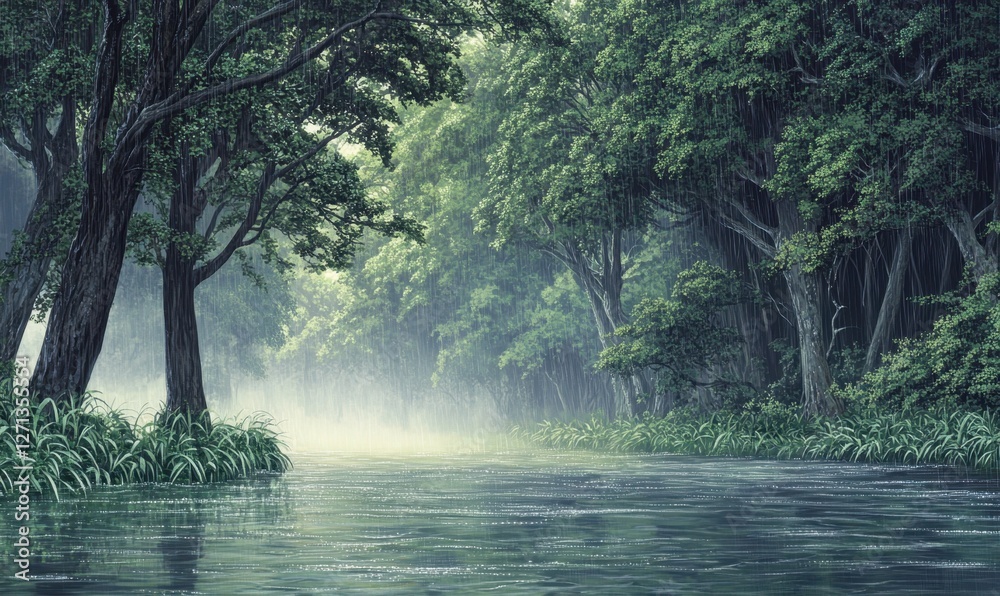 Serene river flowing through a lush, misty forest with vibrant green foliage and tranquility Serene river flowing through a lush, misty forest with vibrant green foliage and tranquility