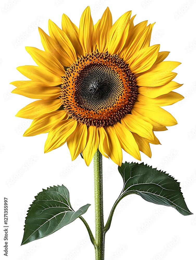 Fototapeta premium A single bright yellow sunflower against a white background. 