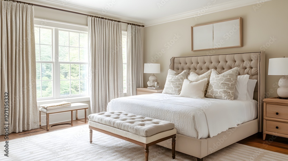 Fototapeta premium A serene luxury bedroom with a neutral palette, large bed, and designer curtains