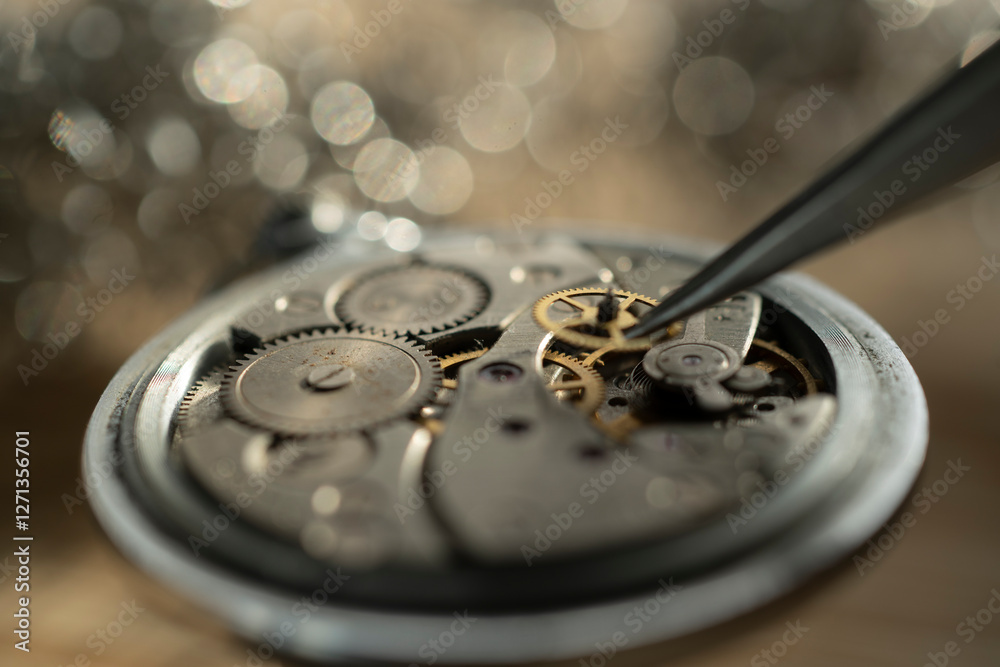 Pocket watch being repaired by senior watch maker, close-up. Black and white. Pocket watch being repaired by senior watch maker, close-up. Black and white.