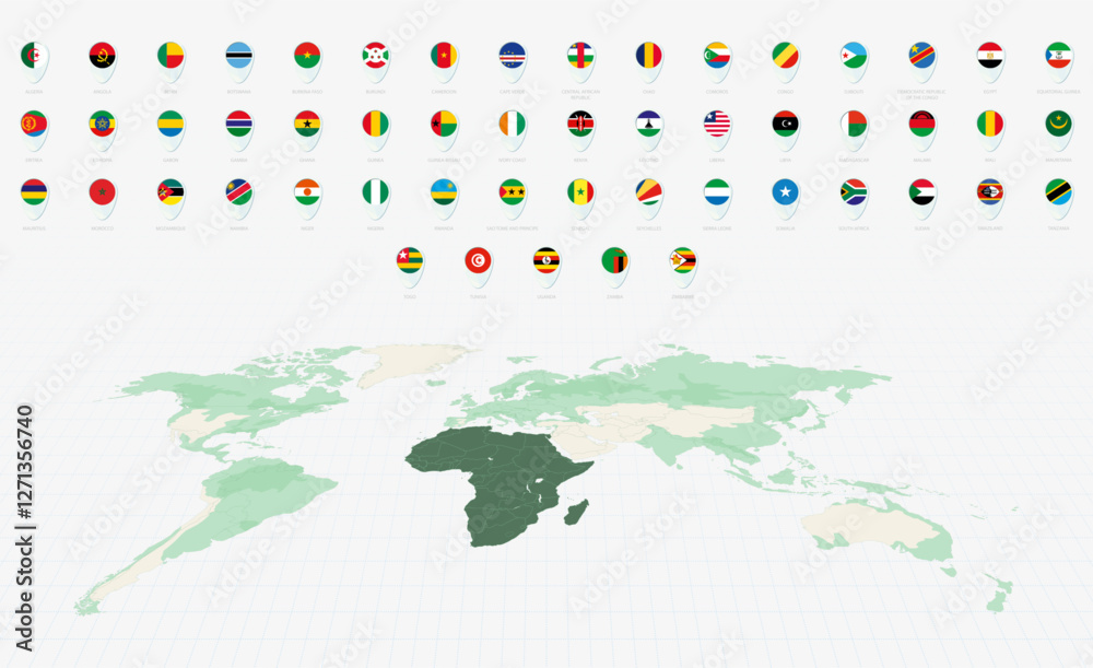 Fototapeta premium African Flags Collection, Blue pin icon design. Minimalist African Flags and World Map Representation. Vector Collection.