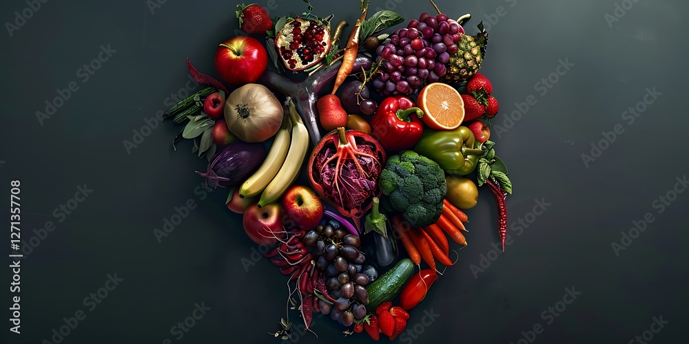 human heart shape formed by an array of fruits and vegetables arranged meticulously to create a lifelike and colorful representation human heart shape formed by an array of fruits and vegetables arranged meticulously to create a lifelike and colorful representation