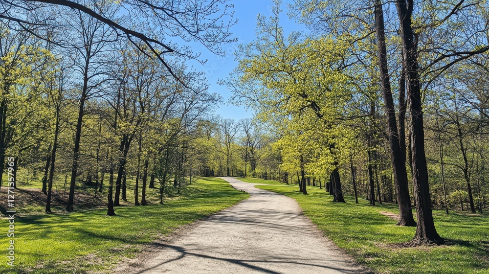 Tree-Lined Path in Park, Trees Showing First Signs of Spring with Tender Green Buds Against Bright Blue Sky Tree-Lined Path in Park, Trees Showing First Signs of Spring with Tender Green Buds Against Bright Blue Sky