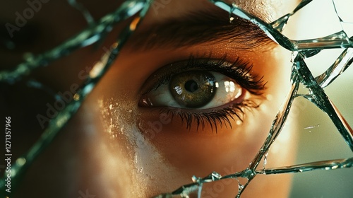 A captivated eye peers through the jagged shards of a broken mirror, a powerful symbol of perception and introspection.