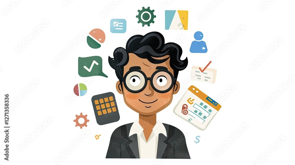 A cartoon drawing of an man wearing business attire. He is surrounded by icons representing digital marketing A cartoon drawing of an man wearing business attire. He is surrounded by icons representing digital marketing