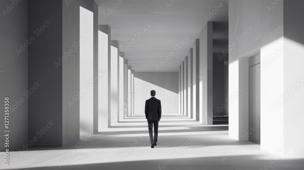 Fototapeta premium Black-and-white photograph of an office building with columns, a man in a suit walking alone down the middle