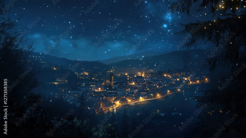 Naklejka premium Dreamy Nightscape, Illuminated Town Nestled Beneath a Starry Galaxy