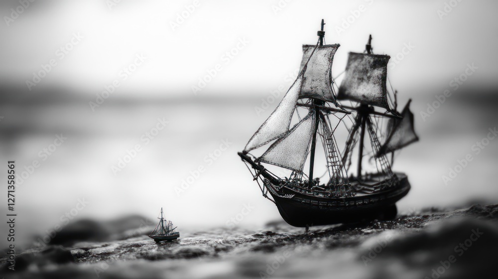 Obraz premium Black-and-white photograph of an old sailing ship, with a blurred background of the sea and a toy model.