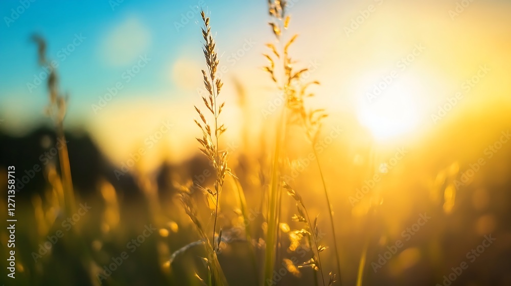 Obraz premium Golden sun setting over a field of tall grass creating a warm glowing atmosphere in nature : Generative AI