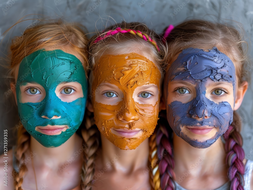 Girls with different colored masks on their faces, mud masks, pack masks, gray background
Girls with different colored masks on their faces, mud masks, pack masks, gray background
