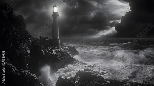 A haunted lighthouse on a cliff edge, surrounded by stormy seas. The beacon flashes eerily across the water, and ghostly figures are seen moving along the rocky shore.