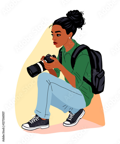 Young woman photographer is crouching down and holding a camera. She is wearing a green shirt and blue jeans