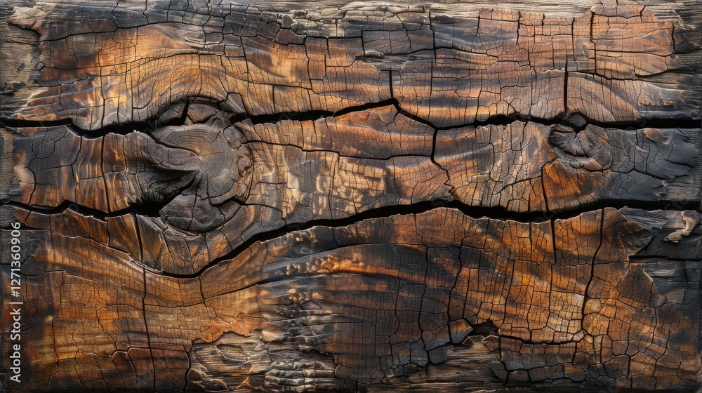 A detailed view of an old wooden surface with cracks, captured from above, showcasing a beautiful wood texture background