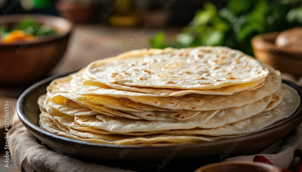 Freshly made flatbreads stacked on a rustic wooden table Freshly made flatbreads stacked on a rustic wooden table