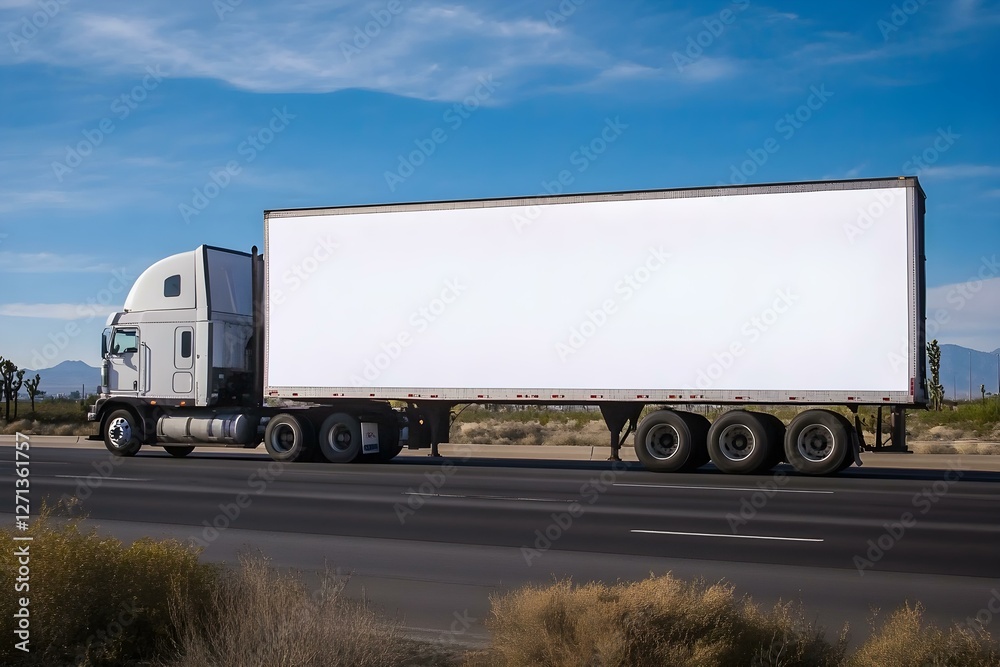 Big Rig Truck with Blank Billboard Cruising Along Highway: Advertising on the Move Big Rig Truck with Blank Billboard Cruising Along Highway: Advertising on the Move