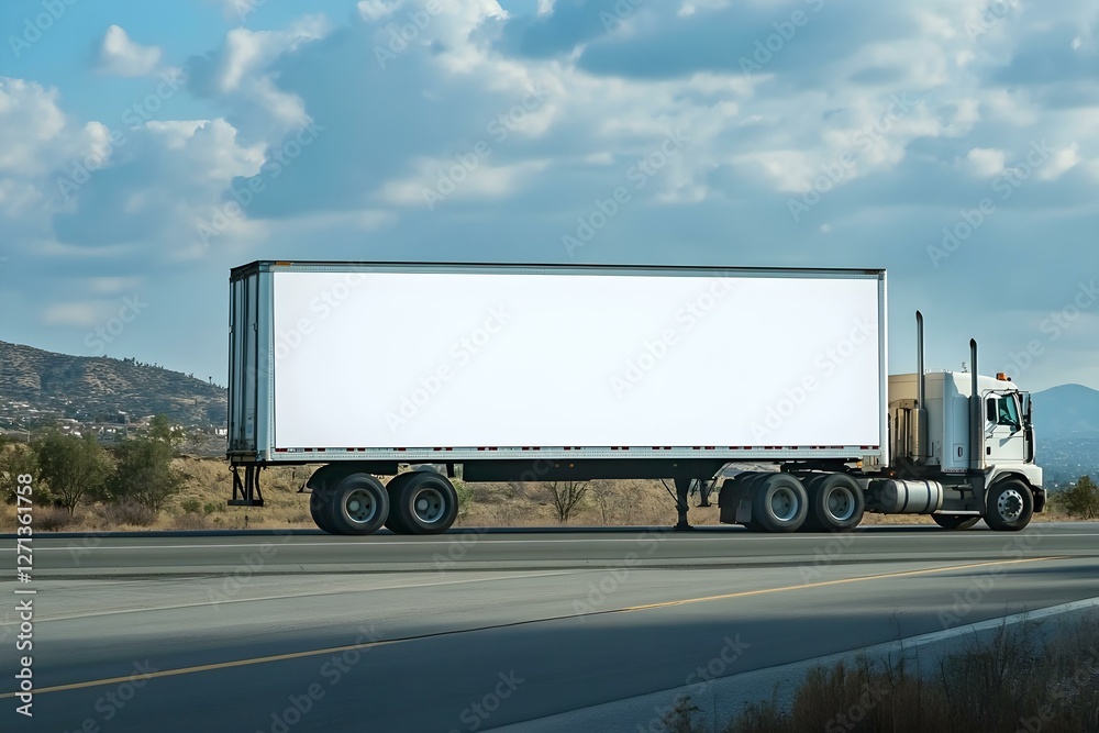 Big Rig Truck with Blank Billboard Cruising Along Highway: Advertising on the Move Big Rig Truck with Blank Billboard Cruising Along Highway: Advertising on the Move